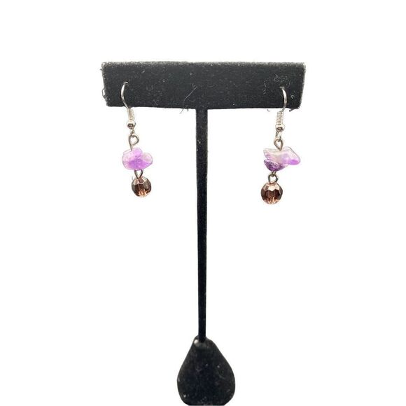 Sterling silver 925 fishhook amethyst chip drop earrings purple crystal beads - Picture 4 of 5